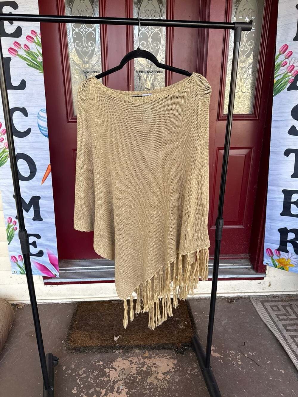 Chico's Metallic Gold Open Knit Fringe Poncho Sweater L/XL